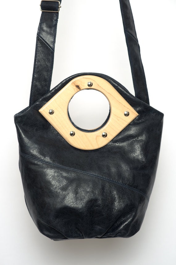 Navy blue leather bag  handbag  removable crossbody strap  wooden ...