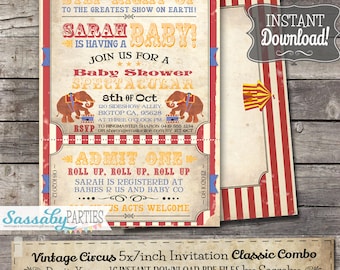 Vintage Circus Baby Shower Invitation - INSTANT DOWNLOAD - Classic Combo Editable & Printable Invite by Sassaby