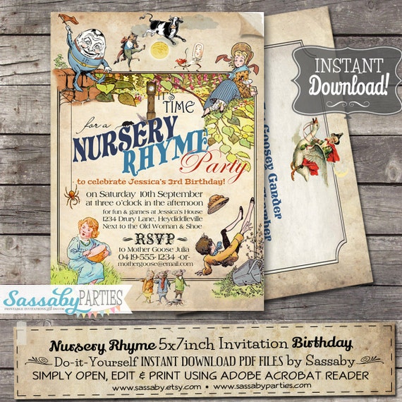 Nursery Rhyme Invitation - INSTANT DOWNLOAD - Partially Editable & Printable Humpty Dumpty, Miss Muffet, Hey Diddle, Party Invite Il_570xn
