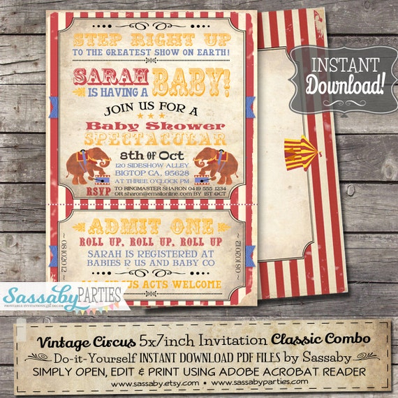 Vintage Circus Baby Shower Invitation - INSTANT DOWNLOAD - Classic Combo Editable & Printable Invite by Sassaby Il_570xn