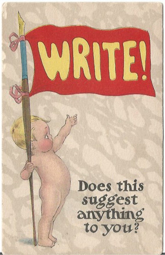 Naked kewpie look-a-like  Baby Boypointing to Banner Flag that says "Write" Vintage Postcard