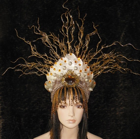 Fantasy Golden Goddess Princess Tribal Burning Man Costume High Fashion Nature Queen Mother Earth Crown Headdress Headpiece Hat Tocados