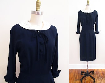 Vintage 1950s Dress | Navy Blue & White Linen Rhinstone Collar 1950s Wiggle Dress | size medium | 5D013