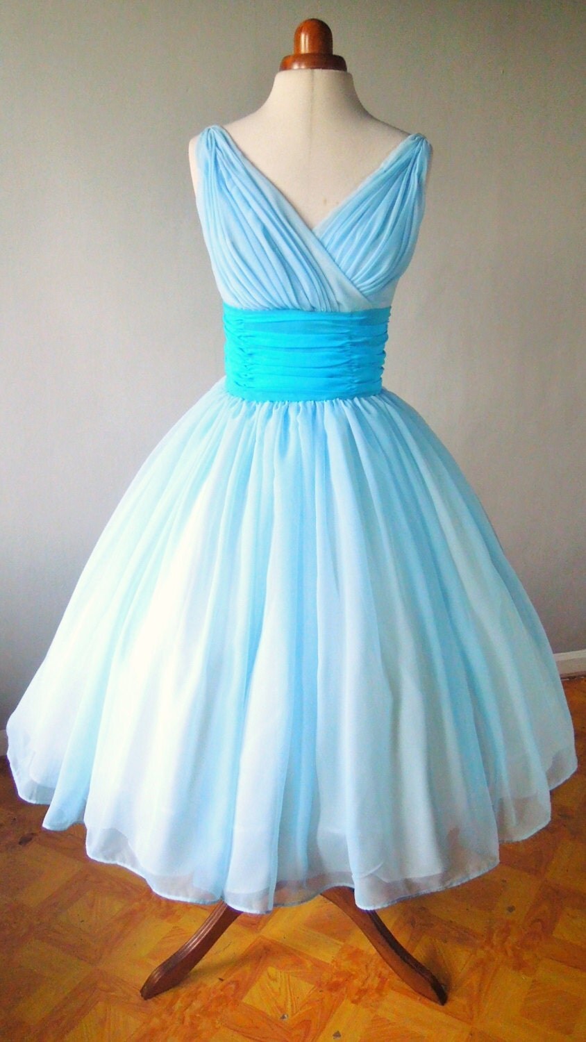 50s style V neck dress light sky blue chiffon by elegance50s
