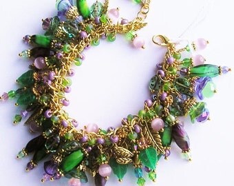 Dragonfly Chunky Charm Bracelet W/ Ladybugs GREEN, PURPLE & Gold Cha Cha Bracelet Ooak Handmade