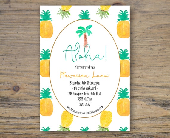 ALOHA Hawaiian Luau Pineapple Party Invitation custom 5x7