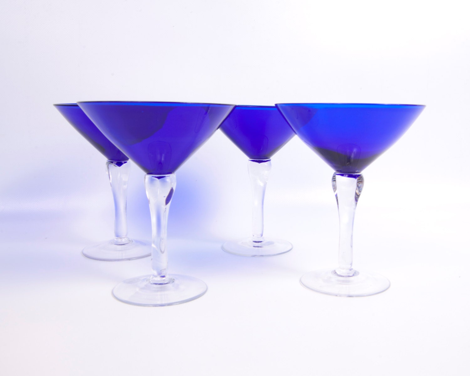 Vintage Cobalt Blue Martini Stemware Hand Blown Crystal Set of