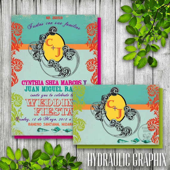 Beach Wedding Invitation Set, Printable Destination Wedding, Wedding in Mexico, Vintage Fiesta Wedding Theme, Ocean Wedding, Wedding Logo Il_570xn