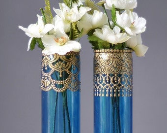 Moroccan Vases, Blueberry Tinted Glass with Gold Detailing