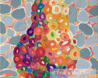 Pear Painting Fruit Coral Gray Lime Colorful Original Art Canvas 11 x 14