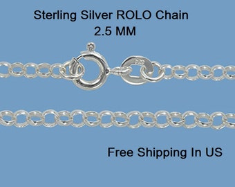 Sterling Silver 2.5 MM ROLO Chain (w/ Clasp)Free Gift Box #10336