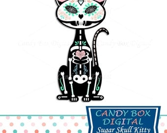 Sugar Skull Cat Clipart, Halloween Clip Art, Hipster Sugar Skull Mexican Clipart - Commercial Use OK
