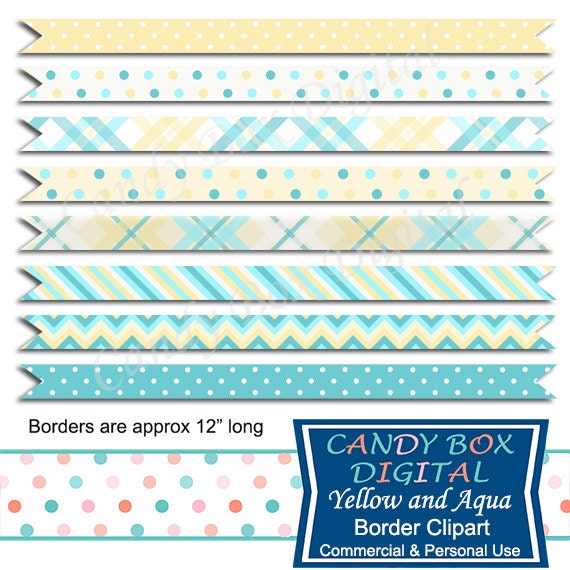 Aqua Blue and Yellow Digital Ribbon Border Clipart