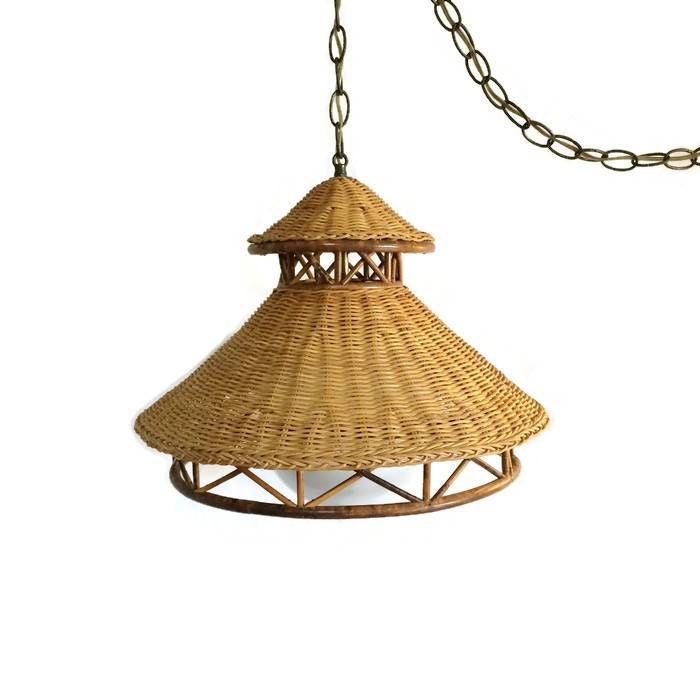 Vintage Natural Wicker Rattan Hanging Lamp Mid Century Swag