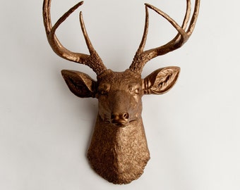 Faux Taxidermy Deer Head, The Bennett Bronze Resin Stag Mount by White Faux Taxidermy, Animal Friendly Hanging Deer Ornament