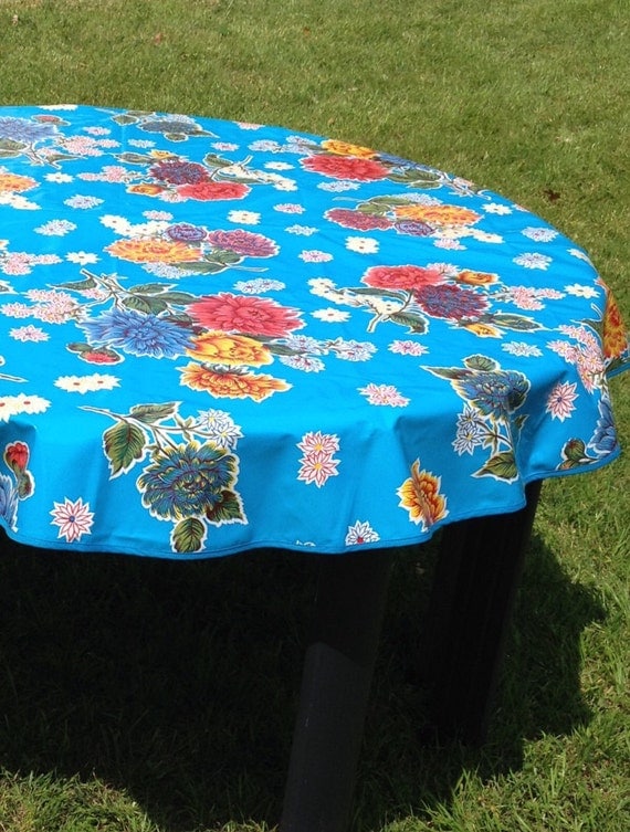 60 Round Oil cloth Tablecloth Mum Sky Blue by notyourmamaskitchen