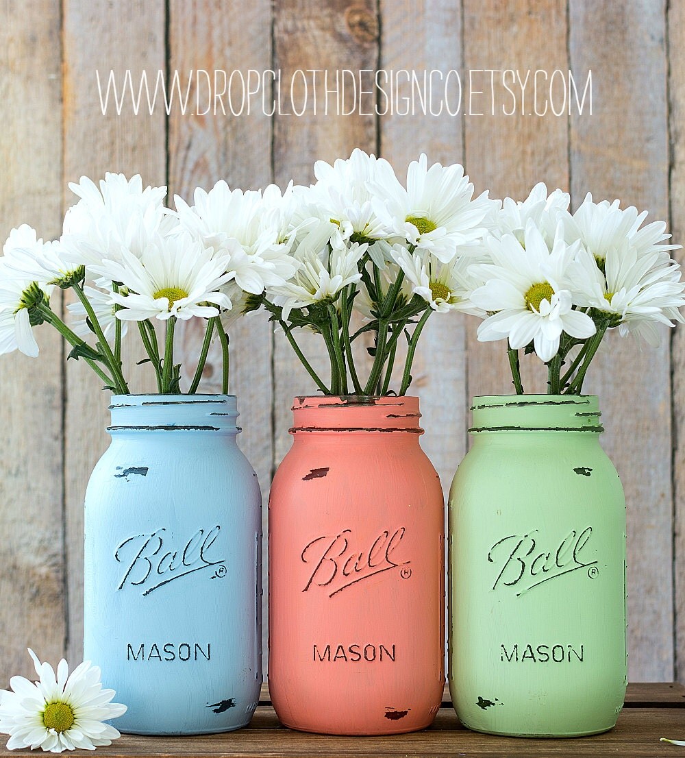 Pastel Mason Jars Quart Size Baby Blue Coral Mint Green