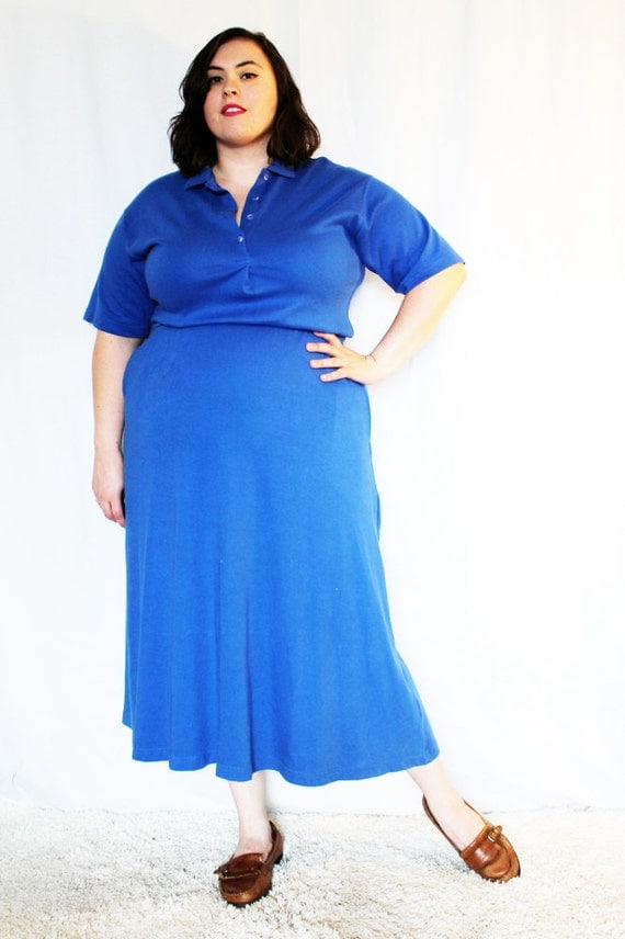  Plus  Size  Vintage Royal  Blue  Knit Shirt  Dress  Size  12 14