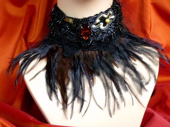 SALE, Victorian feather choker, Black couture rhinestone chocker, Black lace necklace, Gothik choker, Beaded neckpiece, Sparkling necklace by LumilinA steampunk buy now online