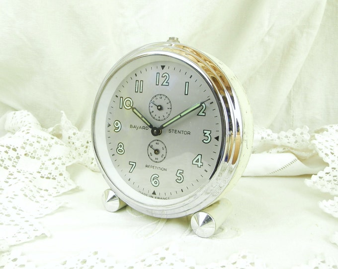 Large Working Vintage French Art Deco Chrome and Cream Colored Metal Bayard Stentor Mechanical Alarm Clock / French Decor / Home / Wind-up