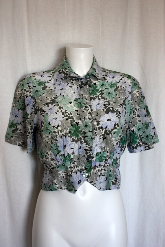 60s silk blouse vintage sage green floral by PitzicatVintage