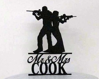 Personalized Wedding Cake Topper - Rifle, Gun wedding with Mr & Mrs Last Name