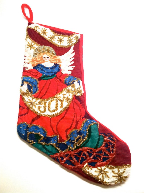 Needlepoint Christmas Stocking Vintage Angel Beaded