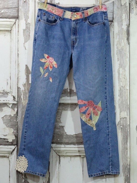 Hippy Patched Denim Jeans Floral Patchwork by CuriousOrangeCat