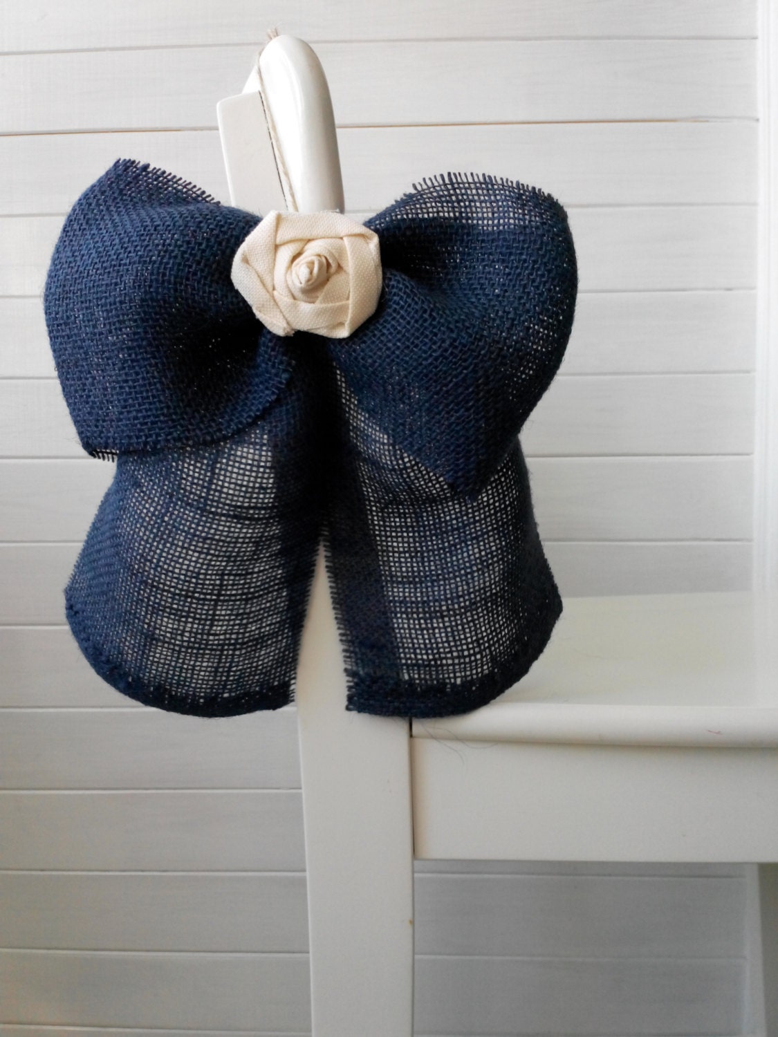 NAVY BLUE Burlap Bow Rustic Wedding Fabric Rose Set of 4 Pew