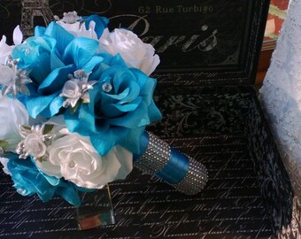 Malibu Blue White Rose With Silver Accents Wedding Bouquet Bridal Turquoise Malibu Blue White Rose With Silver Accents Wedding Bouquet Bridal Turquoise