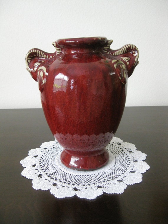 Glazed Burgundy Ceramic Vase with Elephant by CrossCreekPokeweed