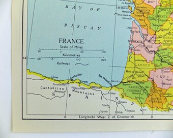 France Map, Small Vintage Map of France 1920's or 1930's map, paper ephemera, small map