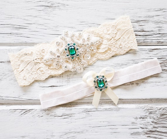 Emerald Green Ivory White Lace Bridal Garter by ContessaGarters