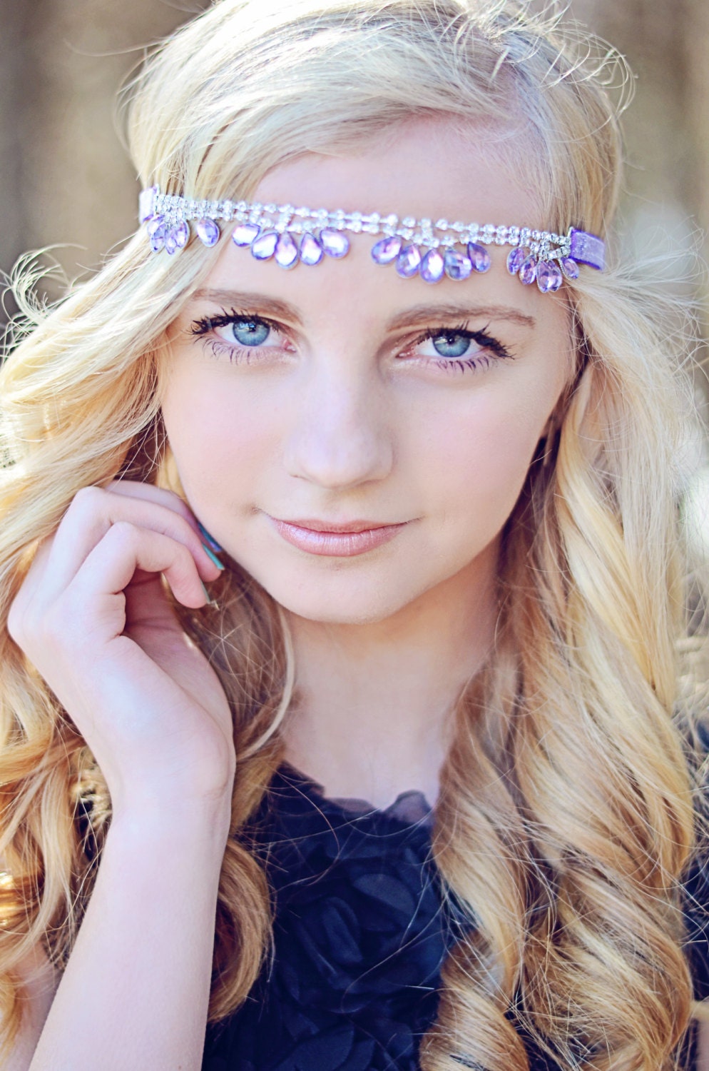 Lavender Glitter Headband, Rhinestone Headband, Boho Headband, Forehead