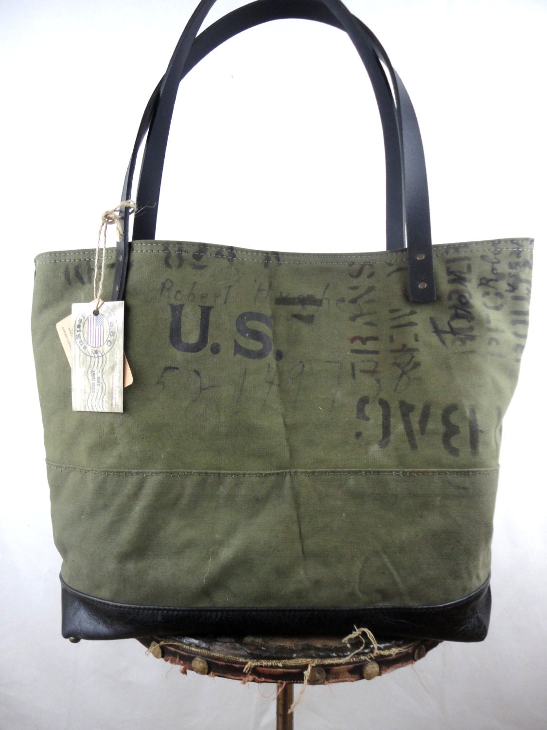 US MILITARY BAG Tote Leather & Canvas Large Carry All Weekend