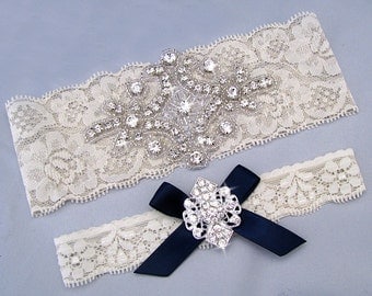 Navy Blue Wedding Garter, Ivory / White Bridal Garter Set, Something Blue Garter, Lace Garter, Crystal Rhinestone Keepsake / Toss Garters