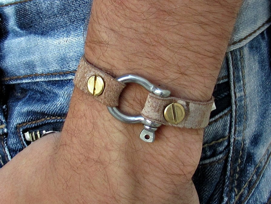 Mens Leather Shackle Bracelet Mens Nautical Key Leather