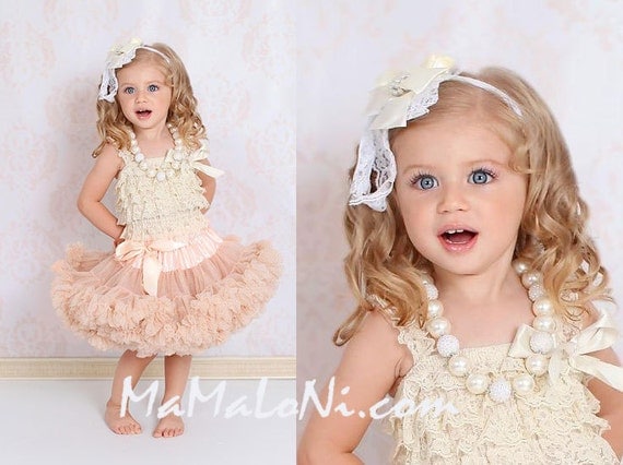 baby petticoat dresses, 4pcs Girls Tutu Dress Set: ruffle PREMIUM Cream Gold pettiskirt tutu, headband, romper, necklace; Birthday outfit, Flower Girls party Dress