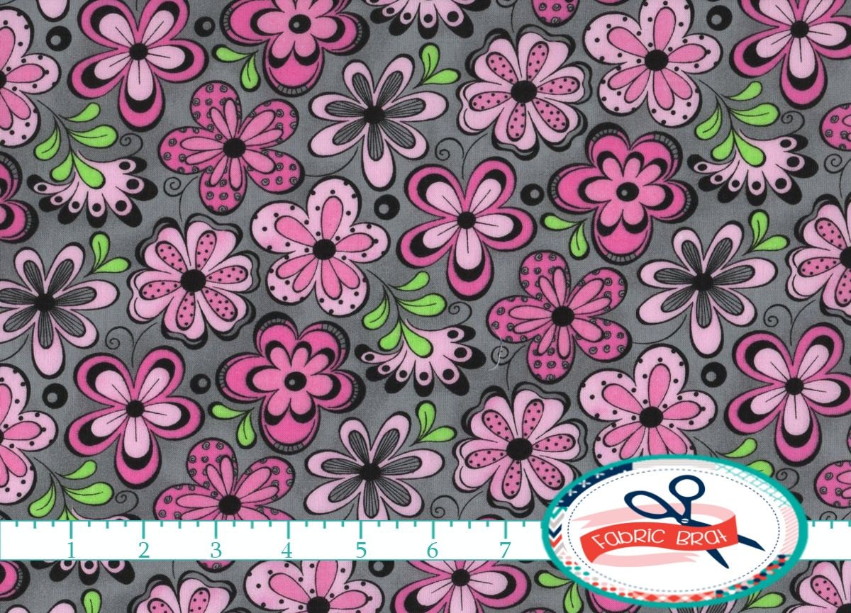 PINK & GRAY FLORAL Fabric by the Yard Fat Quarter Pink Fabric