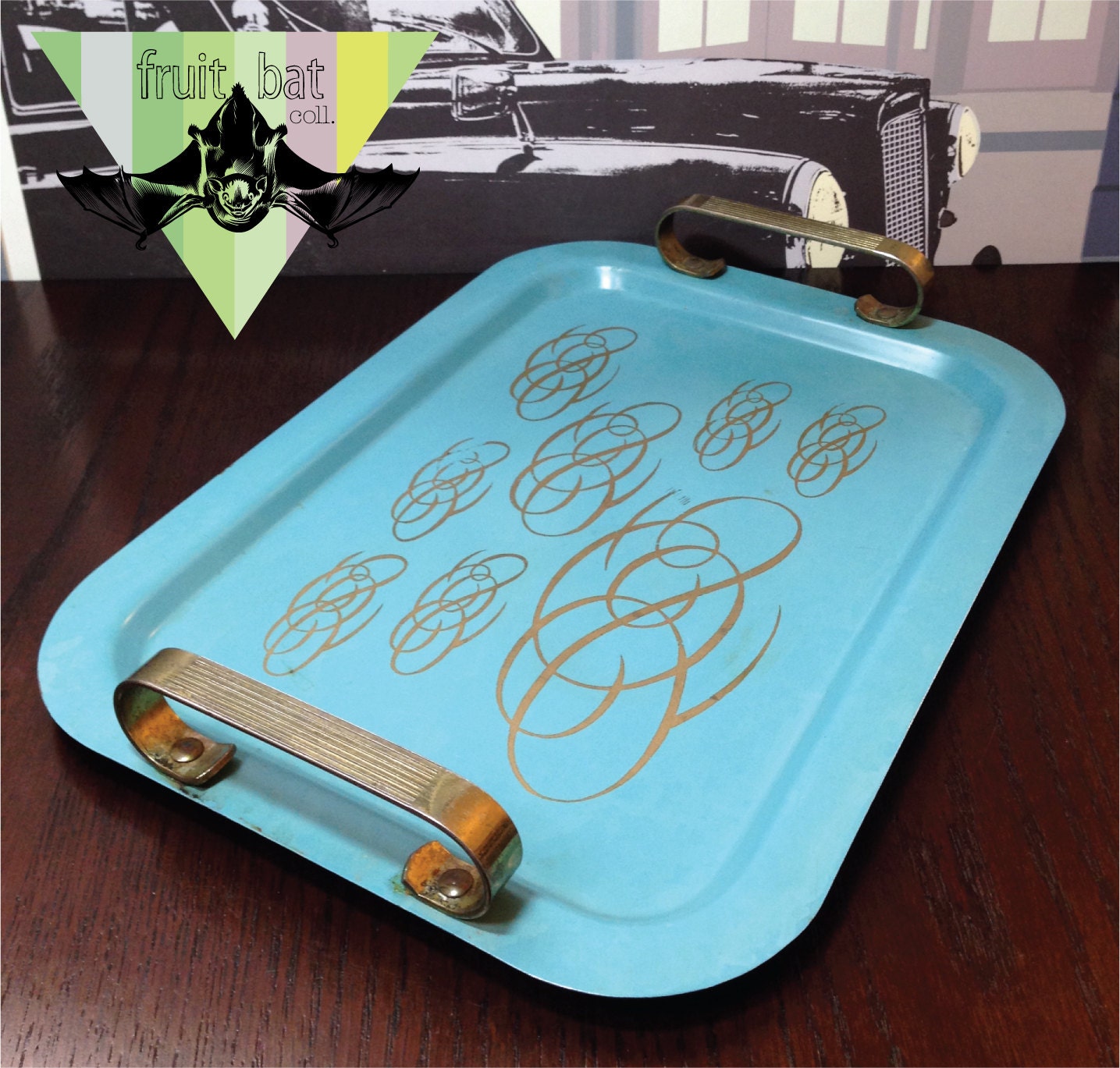 Vintage Turquoise Metal Serving Tray with Brass Handles Decorative BrassyGold Flourishes 15″x