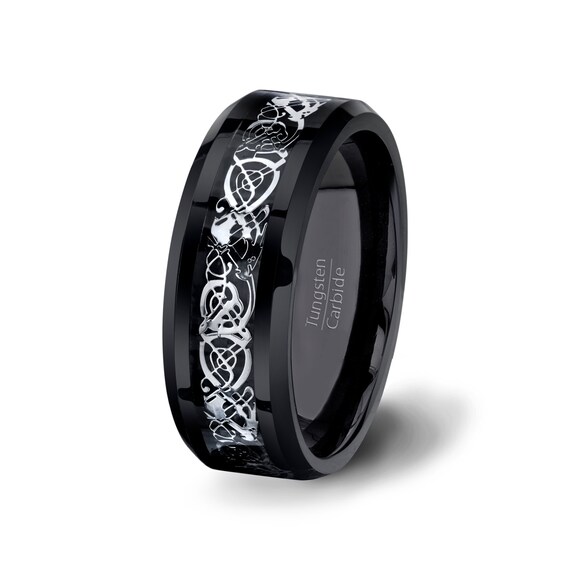 Celtic Dragon Black Tungsten Band Mens Wedding Ring 8mm Band Engraved Celtic Dragon Black Tungsten Band Mens Wedding Ring 8mm Band Engraved