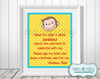 Curious George Birthday Guest Book Sign - Blue or Pink - Personalized Party Sign - FILE to PRINT DIY