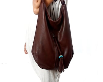 Large dark brown Leather Tote, Hobo bag, with tassel, handmade, bohemian look, turquoise