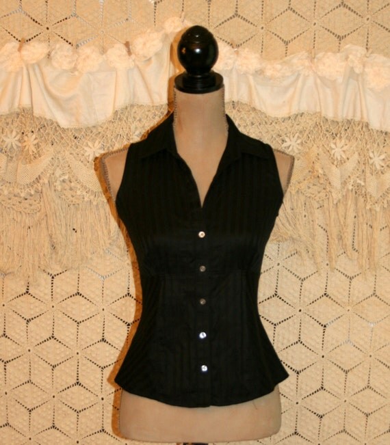 Black Sleeveless Blouse Tailored Shirt Fitted Cotton Top Black