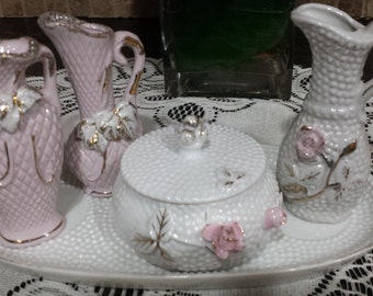 Six piece 1958 Hobnail Vanity Set