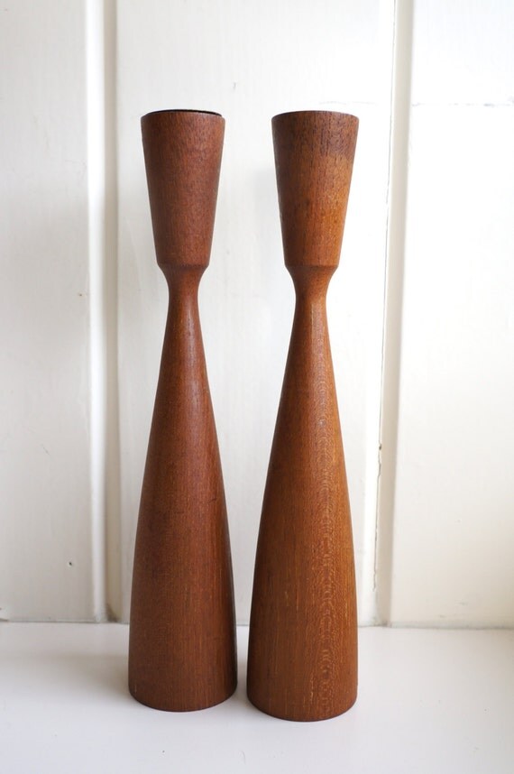 Two Danish Modern Wood Candle Holders / Mid Century Modern