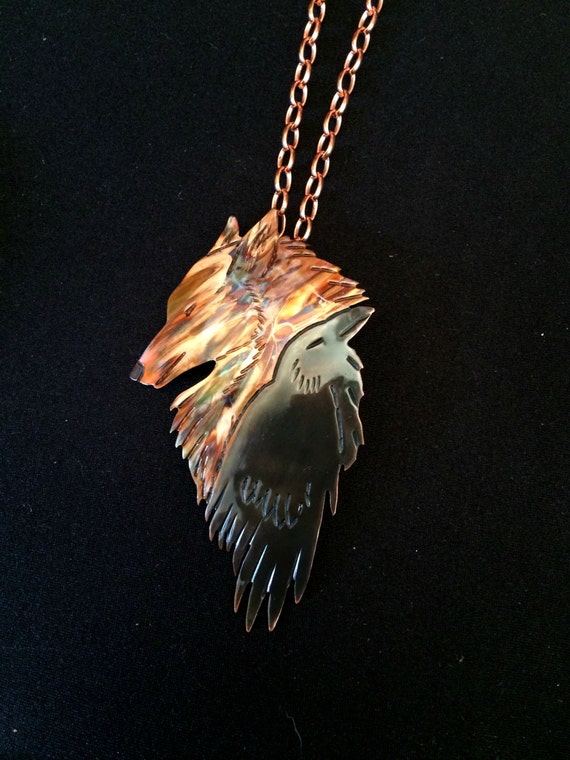 oxidized copper crow necklace coyote by ImagesbyKentOlinger