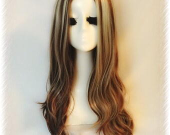 Long Brown & Blonde Wig Wavy Hair With Middle Part Handmade Cosplay Wig
