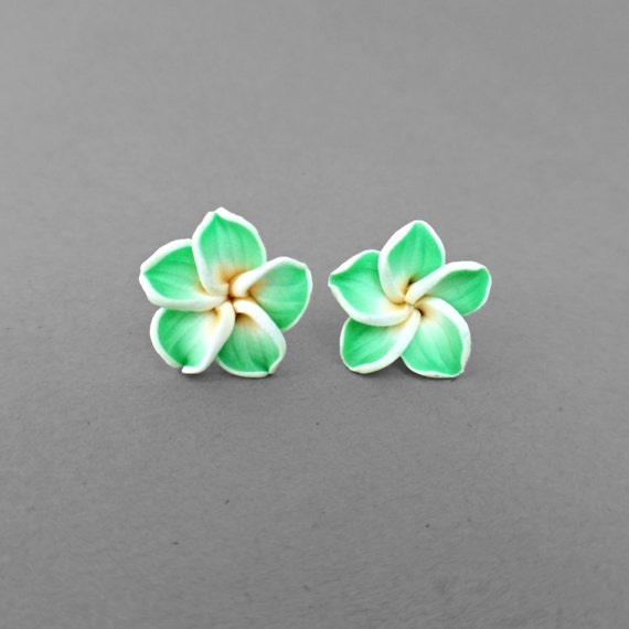 Items similar to Flower Earrings - Green Flower Earrings, Plumeria ...