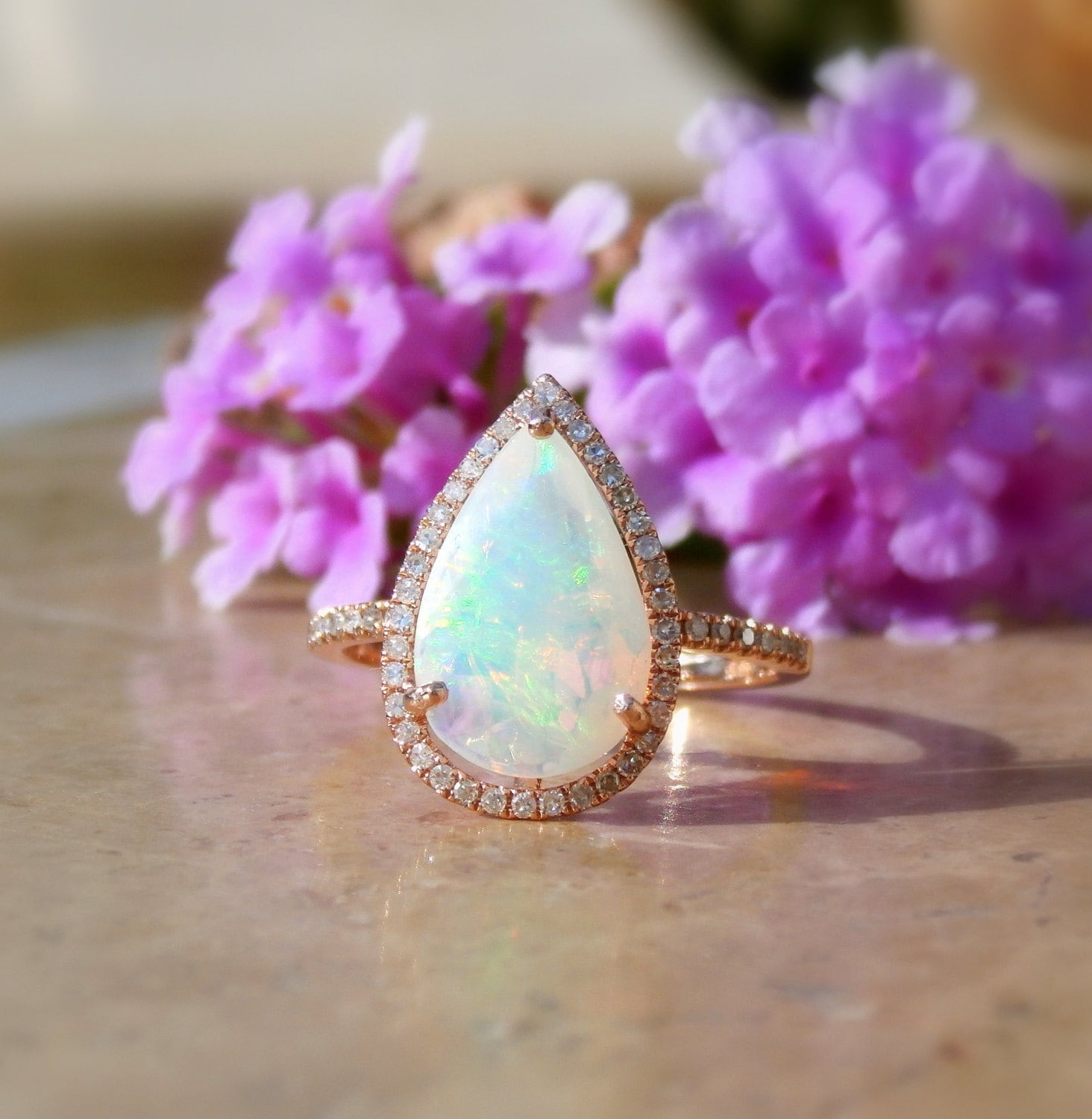 Rose Gold Opal Wedding Ring Set Photos